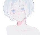  10_io 1girl bare_shoulders collarbone commentary_request face highres light_blue_eyes looking_at_viewer original parted_lips short_hair simple_background solo tearing_up teeth upper_body white_background white_hair 