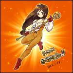  1girl black_hair bodysuit breasts brown_eyes brown_hair choker closed_mouth commentary_request dated final_fantasy final_fantasy_ix final_fantasy_record_keeper garnet_til_alexandros_xvii gloves holding holding_staff jewelry long_hair looking_at_viewer low-tied_long_hair necklace orange_background orange_bodysuit smile solo staff translation_request uboar weapon 