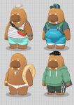  2021 anthro bottomwear brown_body clothing hat headgear headwear hi_res hiroshi_odokawa_(odd_taxi) hoodie kumahachi0925 male mammal marine multiple_poses odd_taxi overalls overweight overweight_anthro overweight_male pinniped pose shirt shorts solo swimwear topwear tusks walrus 