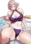  1girl absurdres bangs bare_shoulders bikini blue_eyes breasts cleavage coat coat_removed collarbone gridman_universe highres labcoat large_breasts light_brown_hair looking_at_viewer mujina navel purple_bikini sitting ssss.dynazenon swimsuit thighs white_coat yoshio_(55level) 