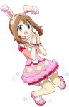  1girl :d animal_ears bangs blush brown_hair bunny_ears choker commentary_request disconnected_mouth dress easter egg eyebrows_visible_through_hair fake_animal_ears full_body hands_up happy holding holding_egg looking_at_viewer may_(pokemon) medium_hair nmemoton open_mouth pink_choker pink_dress pink_footwear pokemon pokemon_(game) pokemon_masters_ex short_sleeves simple_background smile solo white_background wrist_cuffs 