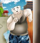  2018 alfredblaze anthro black_nose bottomwear clothing detailed_background fur hi_res humanoid_hands male mammal nova_(alfredblaze) outside overweight overweight_anthro overweight_male pants polar_bear shirt solo topwear ursid ursine white_body white_fur 