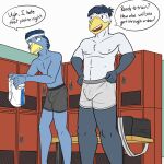  anthro athletic athletic_anthro athletic_male avian bird bluebird bottomwear boxer_briefs bulge clothed clothing dialogue duo english_text father father_and_child father_and_son fuze hands_on_hips hi_res holding_clothing holding_object josh_oliver locker_room male navel nipples oscine parent parent_and_child passerine shorts son sweatband texnatsu text thrush_(bird) topless underwear underwear_only 