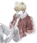  1boy bangs blonde_hair brown_jacket closed_mouth commentary_request eyebrows_visible_through_hair fur-trimmed_jacket fur_trim grey_pants hair_between_eyes hands_in_pockets highres jacket jounouchi_katsuya long_sleeves looking_at_viewer male_focus morijio_(pnpn_no_mm) open_clothes open_jacket pants short_hair sitting solo yellow_eyes yu-gi-oh! 
