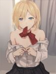  1boy bare_shoulders black_skirt blonde_hair blue_eyes closed_mouth light_smile looking_at_viewer male_focus mouth_hold nipples original otoko_no_ko pectorals red_neckwear shirt skirt solo sunaba_(nczd5875) sweat undressing white_shirt 
