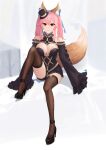  1girl alternate_eye_color animal_ears black_footwear black_legwear blue_bow bow breasts detached_sleeves fate/extra fate/extra_ccc fate/grand_order fate_(series) fox_ears fox_girl fox_tail hair_bow hat high_heels highres large_breasts long_hair mini_hat mini_top_hat pink_hair red_eyes sleeves_past_fingers sleeves_past_wrists solo tail tamamo_(fate)_(all) tamamo_no_mae_(fate) thighhighs top_hat twintails usagi_koneko 