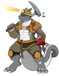  anthro armor black_clothing blue_eyes clothing curved_horn engineer engineer_(factorio) factorio flask gloves grey_body grey_clothing grey_scales handwear hard_hat headgear headlamp helmet hi_res holding_object holding_tool horn kardukk knee_pads kobold looking_away male midriff orange_clothing pickaxe reptile scales scalie see-saw simple_background solo tools video_games white_background white_body white_scales yellow_clothing 