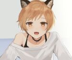  1boy :d animal_ears blush choker doodle fox_ears highres light_blush looking_at_viewer male_focus open_mouth original otoko_no_ko shirt short_hair smile solo sunaba_(nczd5875) upper_body white_shirt 