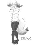  absurd_res anthro big_legs braixen canid canine feet fox hi_res looking_at_viewer male mammal monochrome mr_fuwa nintendo pok&eacute;mon pok&eacute;mon_(species) simple_background solo thick_thighs video_games 