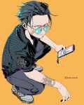  1boy alternate_costume arm_tattoo bandaid bandaid_on_face cellphone clonion commentary full_body green-tinted_eyewear grey_footwear highres holding holding_phone instagram_logo looking_at_viewer male_focus natsuki_subaru pants parted_lips phone pink_eyes re:zero_kara_hajimeru_isekai_seikatsu shoes short_hair short_sleeves solo squatting sunglasses tattoo watermark 