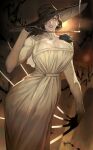  1girl alcina_dimitrescu breasts brown_hair claws cleavage corsage dress hat highres holding jewelry lack lipstick long_sleeves looking_at_viewer makeup necklace one_eye_covered pale_skin pipe resident_evil resident_evil_village short_hair solo sun_hat white_dress yellow_eyes 