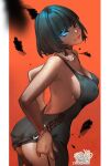  1girl ass bare_back black_dress black_hair blue_eyes bracelet breasts closed_mouth commentary covered_nipples dress english_commentary fubuki_(one-punch_man) glowing glowing_eye highres hu_dako jewelry lips looking_at_viewer medium_breasts necklace one-punch_man orange_background patreon_username short_hair simple_background smile solo thighs 