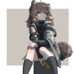  1girl animal_ear_fluff animal_ears between_legs black_legwear black_shirt blush brown_eyes brown_hair can canned_coffee closed_mouth feet_out_of_frame georgia_max_coffee grey_background grey_jacket hand_between_legs hand_on_own_knee highres holding holding_can jacket kuro_kosyou looking_away looking_to_the_side open_clothes open_jacket original shirt short_eyebrows sitting socks solo tail thick_eyebrows two-tone_background white_background 