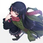  1girl bangs black_hair black_legwear black_sailor_collar black_serafuku black_shirt black_skirt blush brown_footwear commentary_request covered_mouth eyebrows_visible_through_hair from_above from_side full_body girls_frontline gradient gradient_background green_jacket grey_background hand_up highres jacket kuro_kosyou loafers long_hair long_sleeves looking_at_viewer looking_to_the_side looking_up pantyhose pink_eyes pleated_skirt red_scarf sailor_collar scarf school_uniform serafuku shadow shirt shoes skirt solo standing type_100_(girls_frontline) very_long_hair white_background 