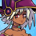  1girl akairiot apprentice_illusion_magician bare_shoulders blue_background breasts choker cleavage collarbone dark_skin dark_skinned_female duel_monster earrings eyebrows_visible_through_hair hat jewelry long_hair looking_at_viewer red_eyes smile solo white_hair wizard_hat yu-gi-oh! 