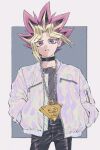  1boy belt blonde_hair choker commentary_request grey_shirt hands_in_pockets highres jacket looking_at_viewer male_focus millennium_puzzle morijio_(pnpn_no_mm) open_clothes open_jacket pants parted_lips purple_eyes purple_hair shirt solo spiked_hair white_jacket yami_yuugi yu-gi-oh! zipper 