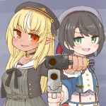  2girls bangs black_hair blonde_hair blue_eyes blush breasts chibi dark_skin dark_skinned_female devil_may_cry devil_may_cry_3 elf eyebrows_visible_through_hair gun handgun hat hololive long_hair looking_at_viewer multiple_girls navel nekoyama oozora_subaru open_mouth pistol pointy_ears shiranui_flare short_hair smile virtual_youtuber weapon 