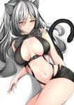  1girl absurdres animal_ear_fluff animal_ears arknights bangs bare_shoulders bikini bikini_top black_bikini black_scarf black_shorts blush breasts cat_ears cat_tail cleavage commentary cowboy_shot eyebrows_visible_through_hair groin hair_between_eyes highres large_breasts long_hair looking_at_viewer lying match_(scp115) navel on_back parted_lips ponytail scarf schwarz_(arknights) shadow short_shorts shorts sidelocks silver_hair simple_background snap-fit_buckle solo stomach swimsuit tail twisted_torso underbust white_background yellow_eyes 