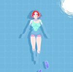  1girl afloat akairiot aqua_tank_top breasts highres large_breasts medium_hair midriff original outline partially_submerged pink_shorts red_hair shadow shorts smile solo wet white_outline 
