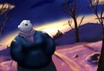  2019 alfredblaze anthro bottomwear clothing detailed_background fur male mammal outside overweight overweight_anthro overweight_male pants polar_bear scarf snow solo sweater topwear ursid ursine white_body white_fur 