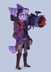  2021 absurd_res anthro blue_eyes clothing eyewear female fur goggles gun hair half-closed_eyes hi_res jacket kaleido-art lombax mammal markings narrowed_eyes pink_nose purple_body purple_fur purple_hair purple_markings ranged_weapon ratchet_and_clank rivet_(ratchet_and_clank) scarf solo sony_corporation sony_interactive_entertainment topwear video_games weapon 