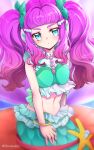  1girl alternate_hairstyle blue_eyes blush breasts commentary_request head_fins highres laura_(precure) long_hair looking_at_viewer medium_breasts mermaid midriff monster_girl navel pink_hair precure sitting solo tropical-rouge!_precure twintails twitter_username uta_(yagashiro25) 
