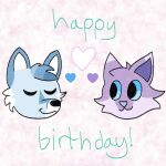  &lt;3 1:1 :3 anthro birthday blue_body blue_eyes blue_fur canid canine domestic_cat duo eyes_closed felid feline felis fluffy fox fur headshot_portrait hi_res looking_at_another male male/male mammal oatty portrait purple_body purple_fur purple_nose simple_background solo text toony yellow_eyes 