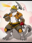  anthro armor black_clothing blue_eyes clothing cog cogwheel curved_horn engineer engineer_(factorio) factorio flask gear glistening glistening_eyes gloves grey_body grey_clothing grey_scales handwear hard_hat headgear headlamp helmet hi_res holding_object holding_tool horn kardukk knee_pads kobold looking_away male midriff orange_clothing pickaxe reptile scales scalie see-saw simple_background solo tools video_games white_body white_scales yellow_clothing 