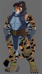  abs absurd_res anthro belt biceps clothed clothing dhanisani felid fur hair hi_res kemono male mammal muscular muscular_anthro muscular_male pantherine pecs simple_background solo stripes tiger 