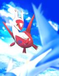  above_clouds absurdres blurry blurry_foreground claws cloud commentary_request day flying gen_3_pokemon highres kikuzunooka latias latios legendary_pokemon no_humans orange_eyes outdoors pokemon pokemon_(creature) sky 