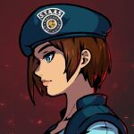  1girl akairiot blue_eyes commission gradient gradient_background hat jill_valentine portrait profile red_background resident_evil shadow solo 