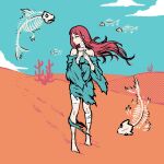  1girl akairiot bandages bare_shoulders barefoot blue_sky cloud cloudy_sky desert fish_skeleton halftone hands_up highres limited_palette long_hair original profile red_hair sand sky solo surreal wind 