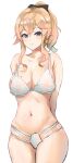  1girl arms_behind_back bare_shoulders blonde_hair blue_eyes bra breasts cleavage closed_mouth cross cross_earrings curvy earrings genshin_impact hair_ribbon high_ponytail jean_gunnhildr jewelry kukoi large_breasts navel panties ponytail ribbon sidelocks thighs underwear white_background white_bra white_panties 