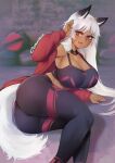  animal_ear_fluff animal_ears arm_up ass breasts cleavage commission dark_skin dark_skinned_female facial_mark highres indoors large_breasts long_hair looking_at_viewer lying on_floor on_side original red_eyes red_sweater sweater tail uni_(oni_unicorn) white_hair 