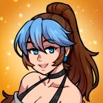  1girl akairiot black_choker blue_eyes blue_hair breasts brown_hair choker cleavage commission copyright_request earrings gradient gradient_background jewelry multicolored_hair open_mouth orange_background ponytail portrait smile solo two-tone_hair 