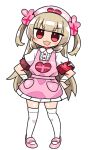  &gt;_&lt; 1girl :d apron armband bandaged_arm bandages bangs blush_stickers bunny_hair_ornament collared_shirt eyebrows_visible_through_hair fang full_body hair_ornament hands_on_hips hat heart kanikama light_brown_hair long_hair natori_sana nurse_cap open_mouth pink_apron pink_footwear pink_headwear pleated_skirt puffy_short_sleeves puffy_sleeves red_eyes safety_pin sana_channel shirt shoes short_sleeves simple_background skirt smile solo standing thighhighs two_side_up v-shaped_eyebrows very_long_hair virtual_youtuber white_background white_legwear white_shirt white_skirt 