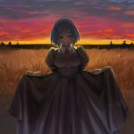  1girl akairiot backlighting black_hair breasts closed_eyes collared_dress commentary curtsey dress highres juliet_sleeves long_sleeves medium_breasts original outdoors puffy_sleeves short_hair skirt_hold smile solo standing sunset twilight wheat wheat_field 