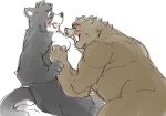 2021 anthro black_body black_fur brown_body brown_fur canid canine canis domestic_dog duo exe_exem fur kemono male mammal moobs nipples overweight overweight_male simple_background suid suina sus_(pig) white_background white_body white_fur wild_boar 