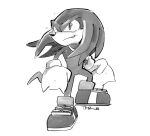  2021 anthro ballad-of-gilgalad biped clothing digital_media_(artwork) echidna fist flowing_hair footwear gloves greyscale hair handwear knuckles_the_echidna male mammal monochrome monotreme plantigrade shoes signature simple_background solo sonic_the_hedgehog_(series) standing white_background 