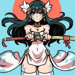  1girl akairiot aqua_background bangs bare_shoulders black_hair cowboy_shot dress earrings english_commentary floating_hair highres holding holding_sword holding_weapon jewelry long_hair looking_at_viewer original red_eyes ring scales serious shadow skindentation solo sword tassel tassel_earrings thighhighs weapon white_dress 