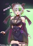  1girl :d absurdres aestheticc-meme artist_name bat bat_wings black_dress blush breasts bsapricot_(vtuber) cleavage cleavage_cutout clothing_cutout demon_horns detached_sleeves dress earrings fang green_eyes green_hair highres horns jewelry looking_at_viewer multicolored_hair nail_polish nose_blush open_mouth pointy_ears ring short_hair short_hair_with_long_locks sidelocks skin_fang skull smile solo thighhighs tiara virtual_youtuber vshojo wings 