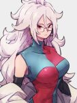  1girl android_21 breasts checkered checkered_dress closed_eyes dragon_ball dragon_ball_fighterz dress glasses grey_background hair_between_eyes kemachiku labcoat large_breasts long_hair looking_at_viewer majin_android_21 red_eyes simple_background solo white_hair 
