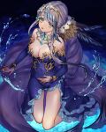  1girl blue_eyes blue_hair braid braided_ponytail breasts choker cleavage detached_sleeves dress dutch_angle eyebrows_visible_through_hair fins frills hair_ornament hairband kneeling large_breasts long_hair low_ponytail ningyo_hime_(sinoalice) ojo_aa open_mouth sad sidelocks sinoalice solo star_(symbol) teeth water 