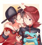  &gt;_&lt; angry backwards_hat bandaid bandaid_on_head black_hair blush cheek_kiss closed_eyes closed_mouth commission commissioner_upload couple ethan_(pokemon) eyebrows_visible_through_hair floral_background gen_2_pokemon hat heart high_collar highres holding holding_poke_ball jacket kiss life_neko72 one_eye_closed poke_ball pokemon pokemon_(game) pokemon_hgss pout purple_eyes sidelocks silver_(pokemon) tearing_up totodile yaoi 