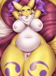  anthro areola bandai_namco bed big_breasts biped black_sclera blue_eyes blush breasts curvy_figure digimon digimon_(species) female fur furniture genitals hi_res huge_hips huge_thighs hyper hyper_thighs looking_at_viewer lying markings mleonheart multicolored_body multicolored_fur navel nipples overweight overweight_anthro overweight_female pussy renamon smile solo teeth thick_thighs two_tone_body two_tone_fur voluptuous white_body white_fur wide_hips yellow_body yellow_fur 