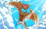  black_eyes cloud commentary_request fearow gen_1_pokemon lens_flare looking_down no_humans open_mouth pokemon pokemon_(creature) q-chan sky solo talons tongue 