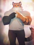  absurd_res anthro clothed clothing dona908 felid fur hi_res male mammal muscular muscular_anthro muscular_male pantherine simple_background solo stripes tiger 