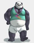  2019 alfredblaze anthro belly black_body black_fur bottomwear clothing fur giant_panda hi_res male mammal navel overweight overweight_anthro overweight_male shirt shorts simple_background solo topwear ursid white_body white_fur 