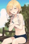  1boy :d bare_arms blonde_hair blue_eyes blue_shorts crop_top highres looking_at_viewer male_focus midriff navel open_mouth otoko_no_ko shirt short_shorts shorts sitting smile solo sunaba_(nczd5875) tied_shirt translation_request 