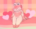 2021 abstract_background alligator alligatorid animal_crossing anthro breasts clinicalia crocodilian female front_view full-length_portrait gayle_(animal_crossing) genitals hi_res navel nintendo nipples non-mammal_breasts non-mammal_nipples nude pink_body portrait pussy reptile scalie sitting solo video_games 